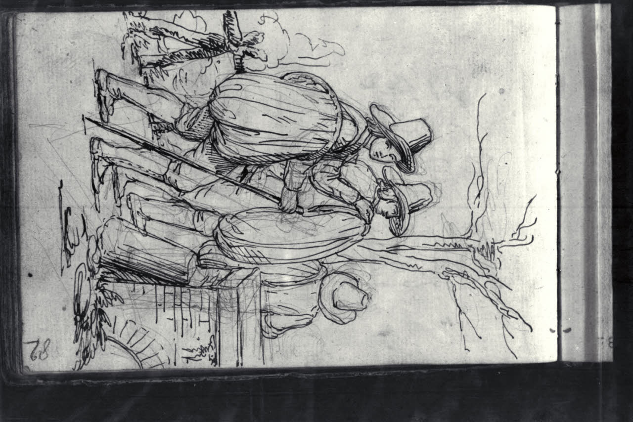 Tre figure maschili vicine ad un ponte (disegno) di Macinata, Giuseppe; Macinata, Giuseppe (secondo quarto sec. XIX)