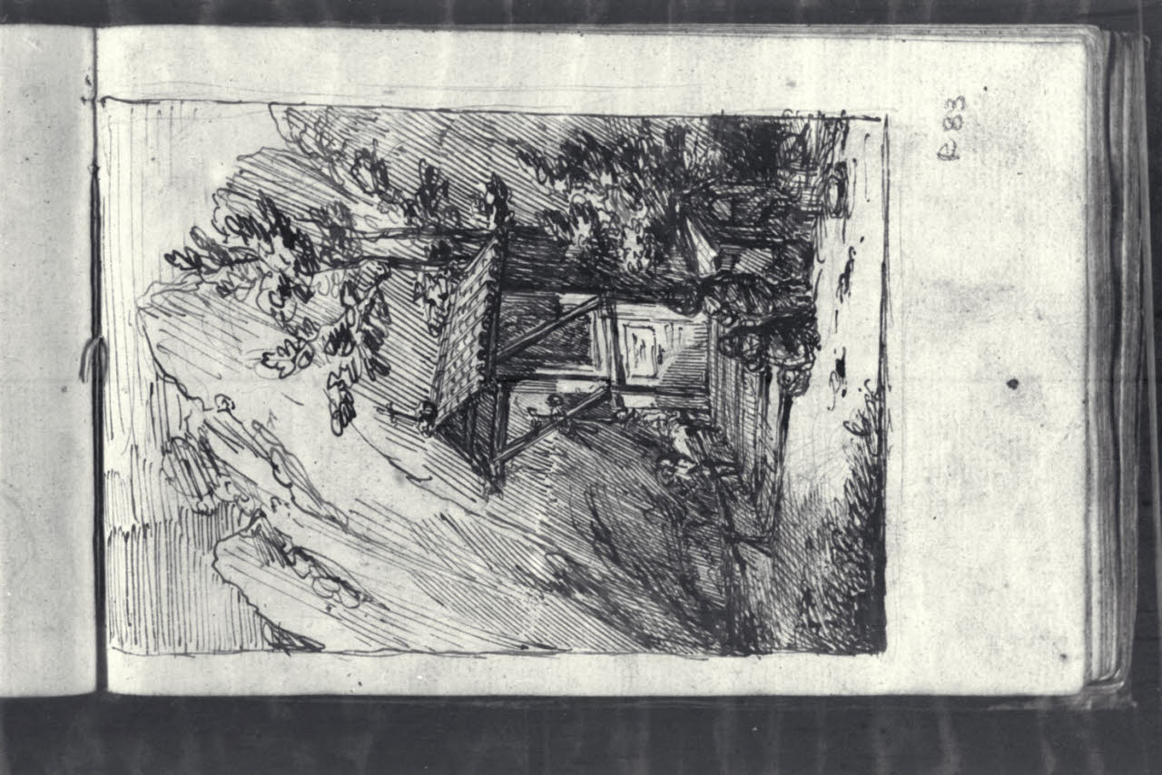 Cappelletta di montagna con due figure inginocchiate (disegno) di Macinata, Giuseppe; Macinata, Giuseppe (secondo quarto sec. XIX)