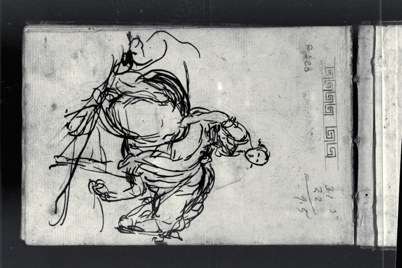 Donna a cavallo, calcoli numerici e schizzo di motivi decorativi (disegno) di Macinata, Giuseppe; Macinata, Giuseppe (secondo quarto sec. XIX)