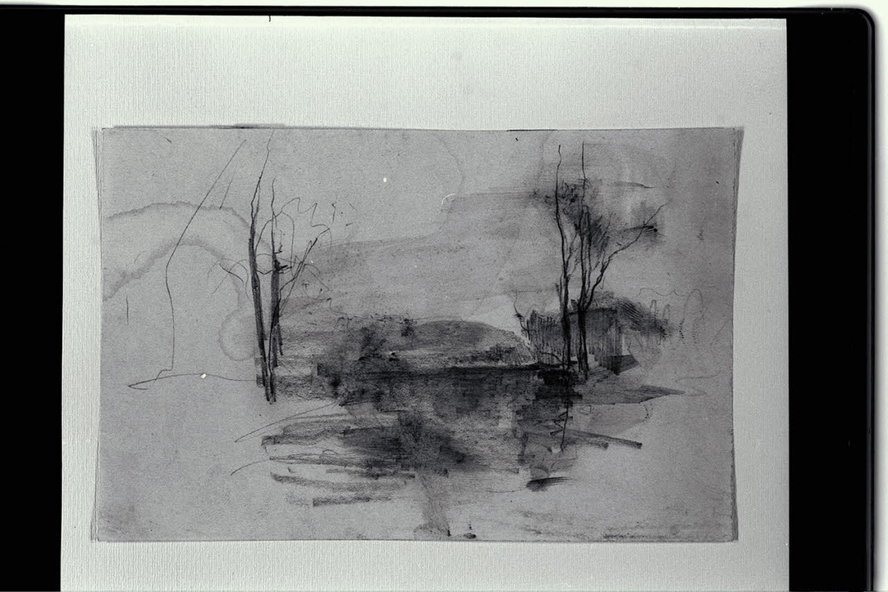 Paesaggio fluviale con alberi spogli (disegno) di Mariani, Pompeo (fine/inizio secc. XIX/ XX)