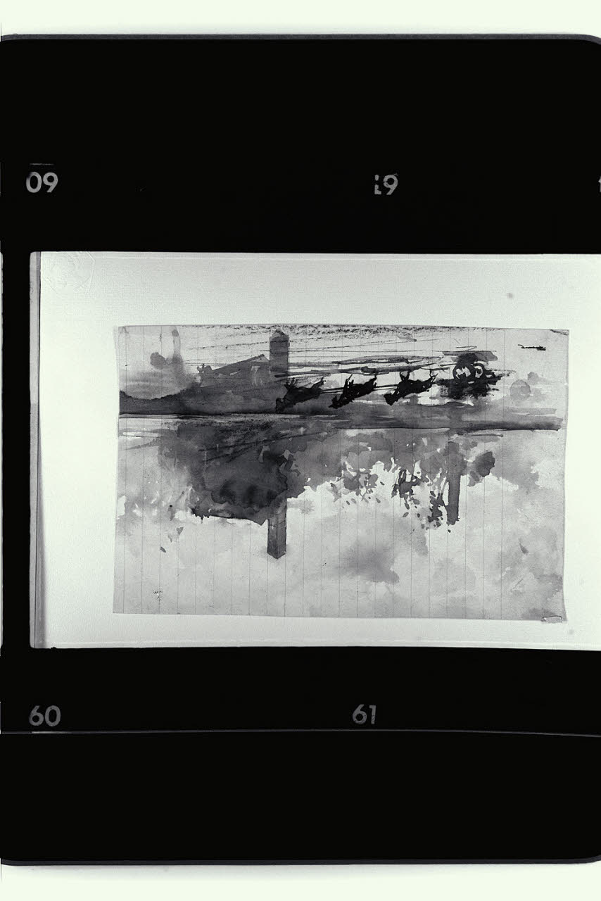 Cavalli da traino ad un guado (disegno) di Mariani, Pompeo (fine/inizio secc. XIX/ XX)