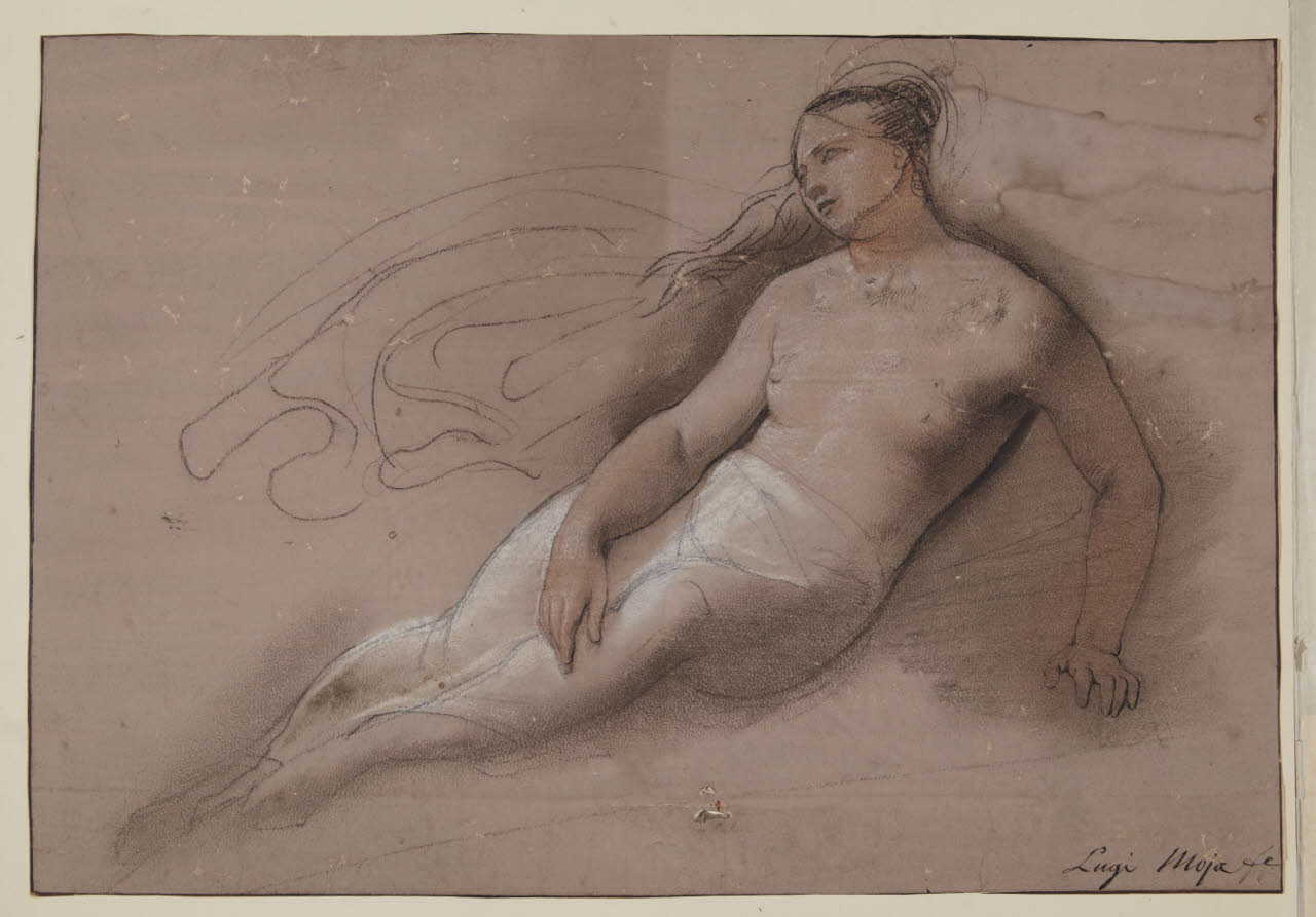 Fanciulla seminuda giacente, Figura femminile seminuda giacente (disegno) di Moja, Luigi (sec. XIX)