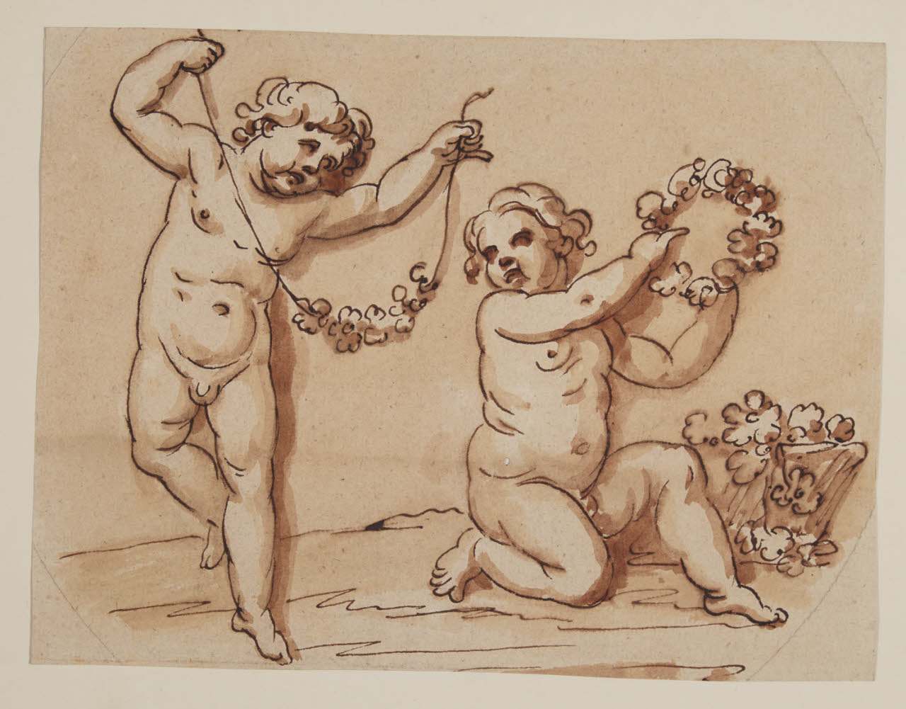 Due putti con un festone e una corona, Due putti con festone e corona (disegno) di Moja, Luigi ((?)) (sec. XIX)