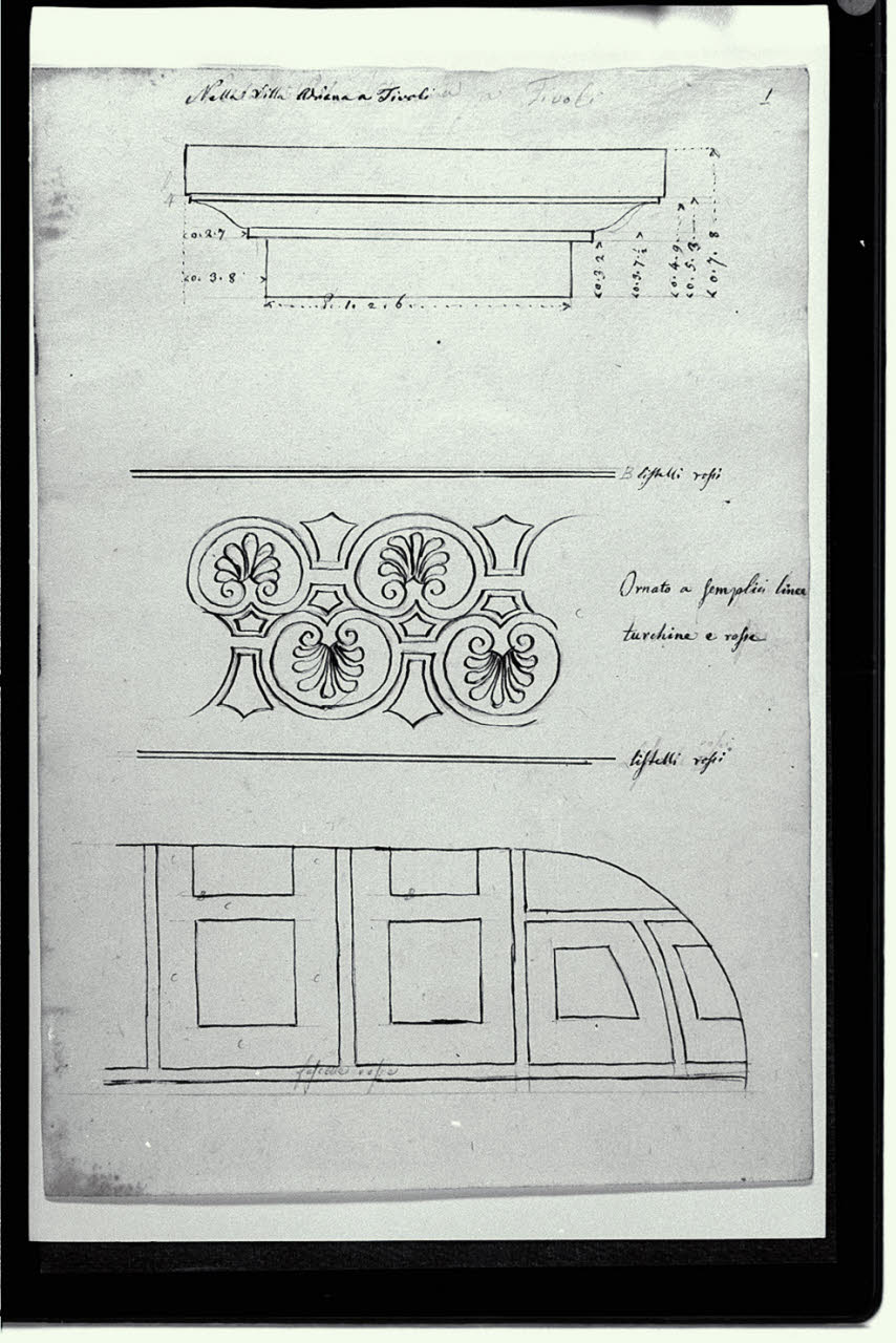 Rilievi decorativi e architettonici presi nella villa Adriana a Tivoli (disegno) di Pollack, Leopoldo (fine sec. XVIII)