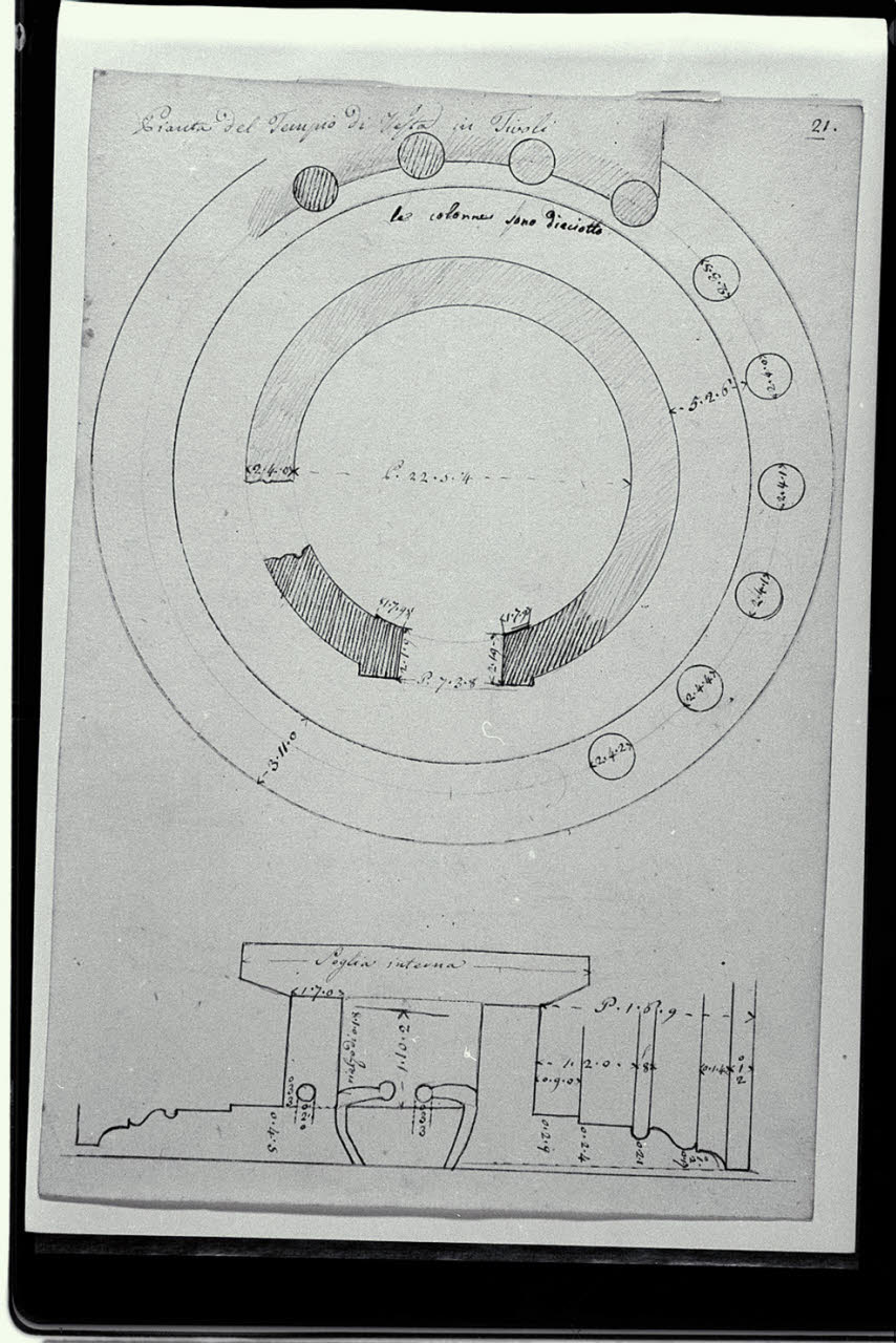 Pianta e rilievi architettonici del Tempio di Vesta in Tivoli (disegno) di Pollack, Leopoldo (fine sec. XVIII)