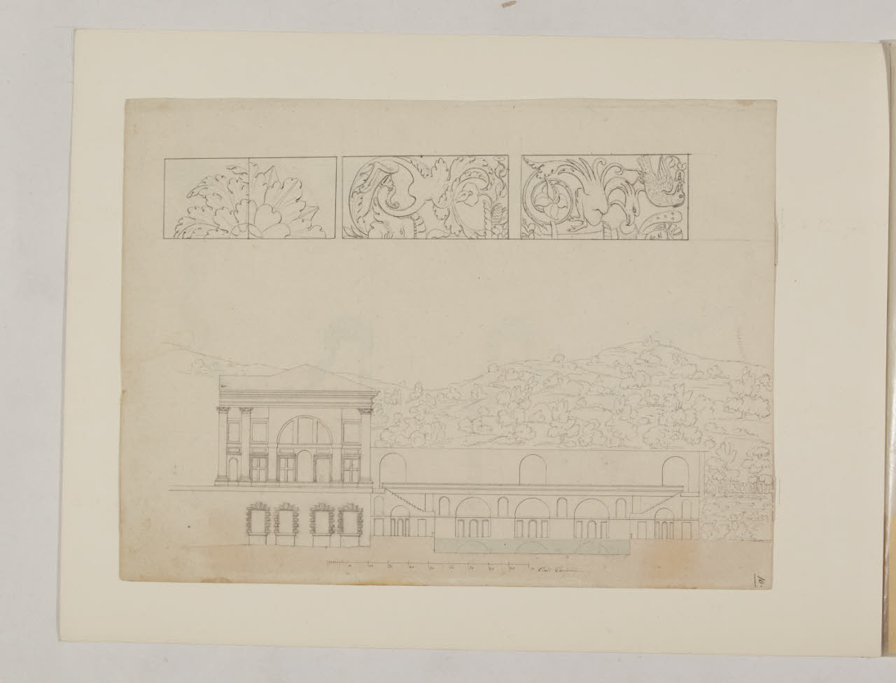 Prospetto, sezione e particolari decorativi della Villa Madama (disegno) di Pollack, Leopoldo (fine sec. XVIII)