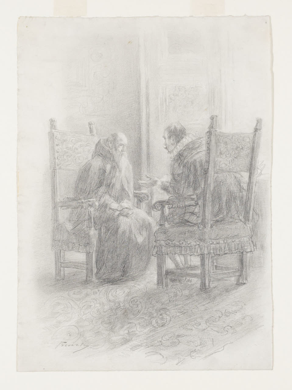 Conversazione tra il padre provinciale e il conte zio - "E' un passo e non è un passo, padre molto reverendo", Illustrazione per i Promessi Sposi - Capitolo XIX (disegno) di Previati, Gaetano; Previati, Gaetano (sec. XIX)