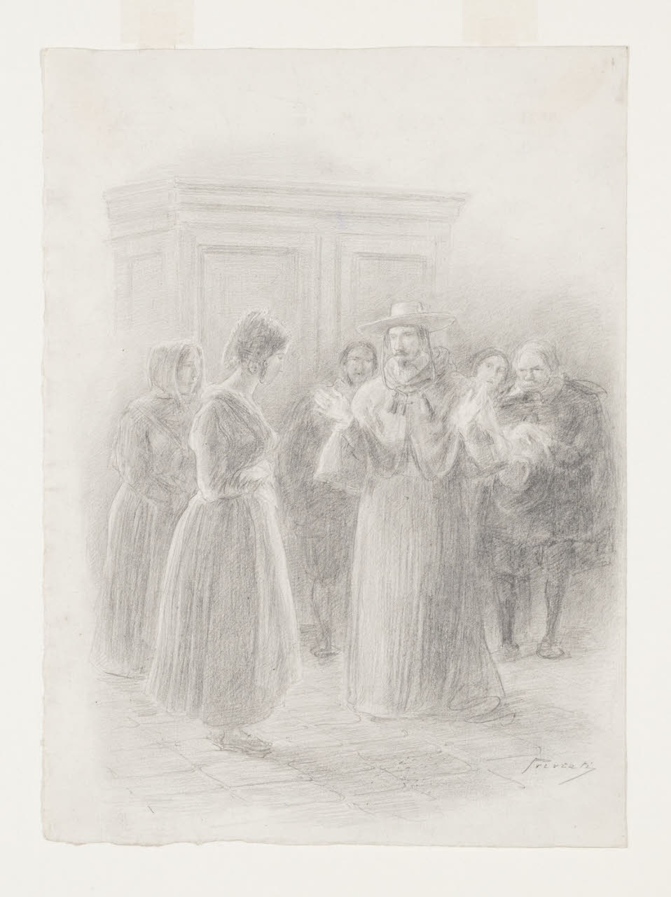 Lucia e il cardinal Federigo - " - Povera giovane (...) Dio ha permesso che foste messa a una gran prova - ", Illustrazione per i Promessi Sposi - Capitolo XXIV (disegno) di Previati, Gaetano; Previati, Gaetano (sec. XIX)