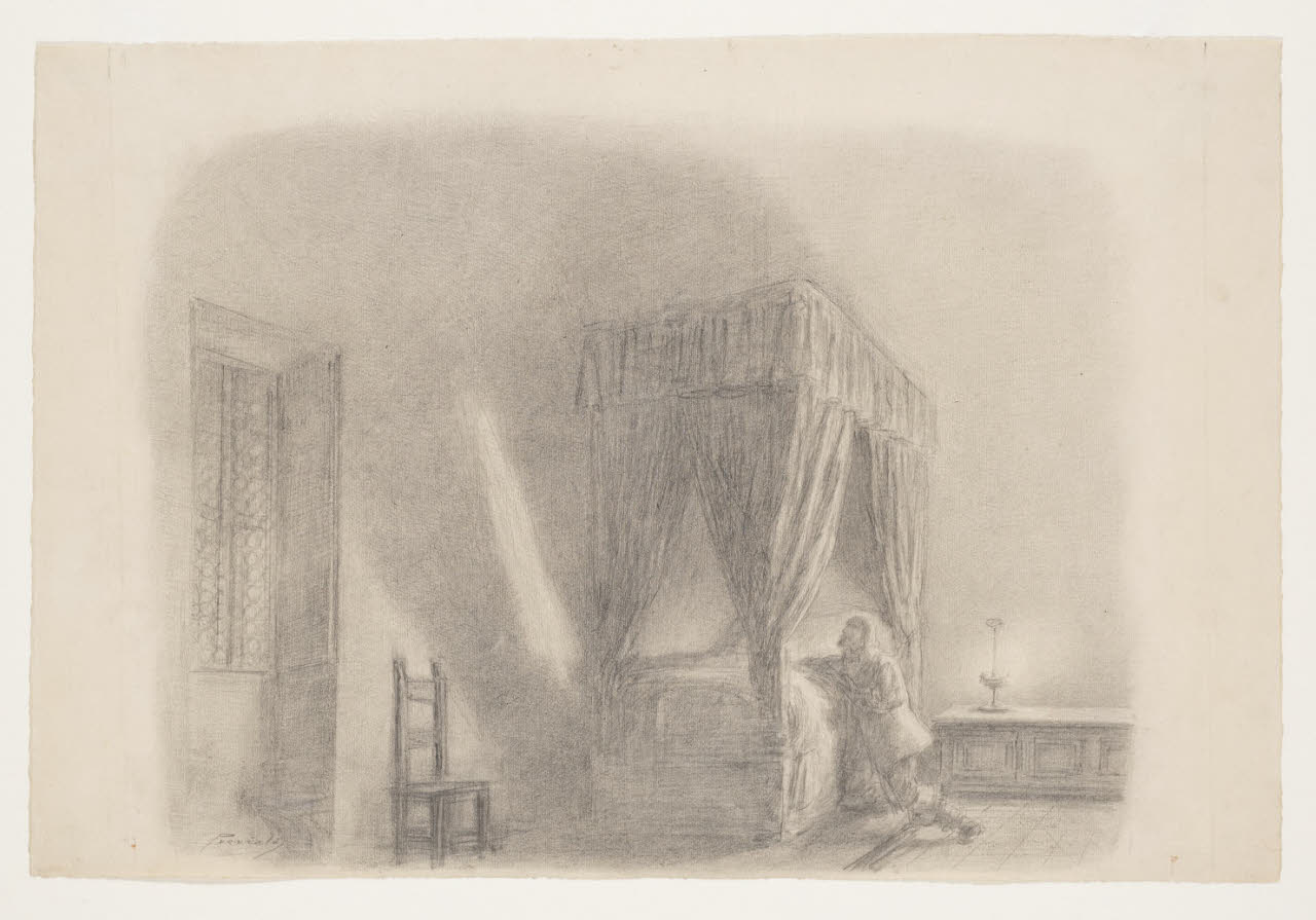 L'innominato che prega - "Trovò in un cantuccio riposto e profondo della mente, le preghiere ch’era stato ammaestrato a recitar da bambino; cominciò a recitarle", Illustrazione per i Promessi Sposi - Capitolo XXIV, finale di capitolo (disegno) di Previati, Gaetano; Previati, Gaetano (sec. XIX)