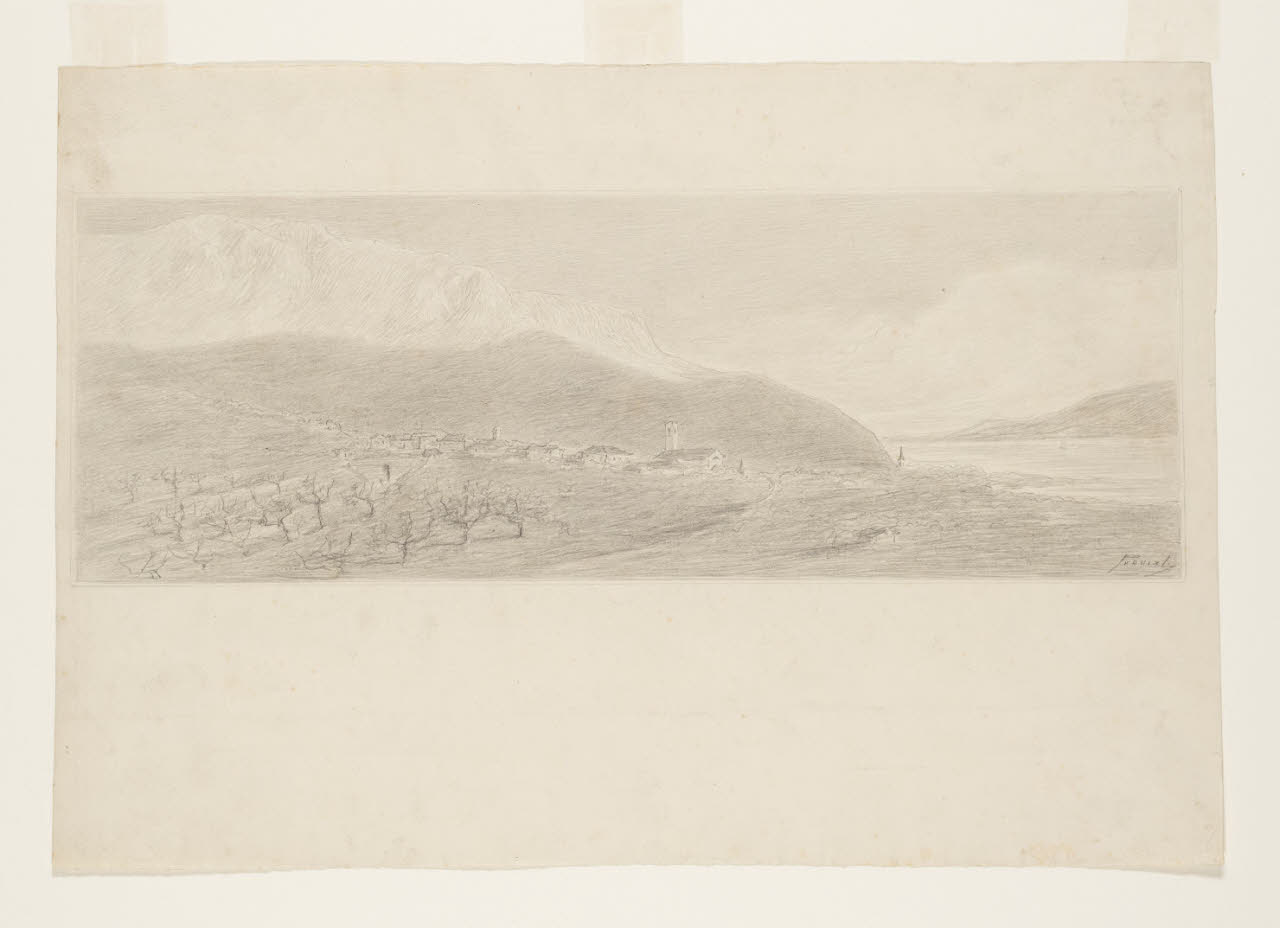 Paesaggio lacustre, Illustrazione per i Promessi Sposi - Capitolo XXXVII, intestazione (disegno) di Previati, Gaetano; Previati, Gaetano (sec. XIX)