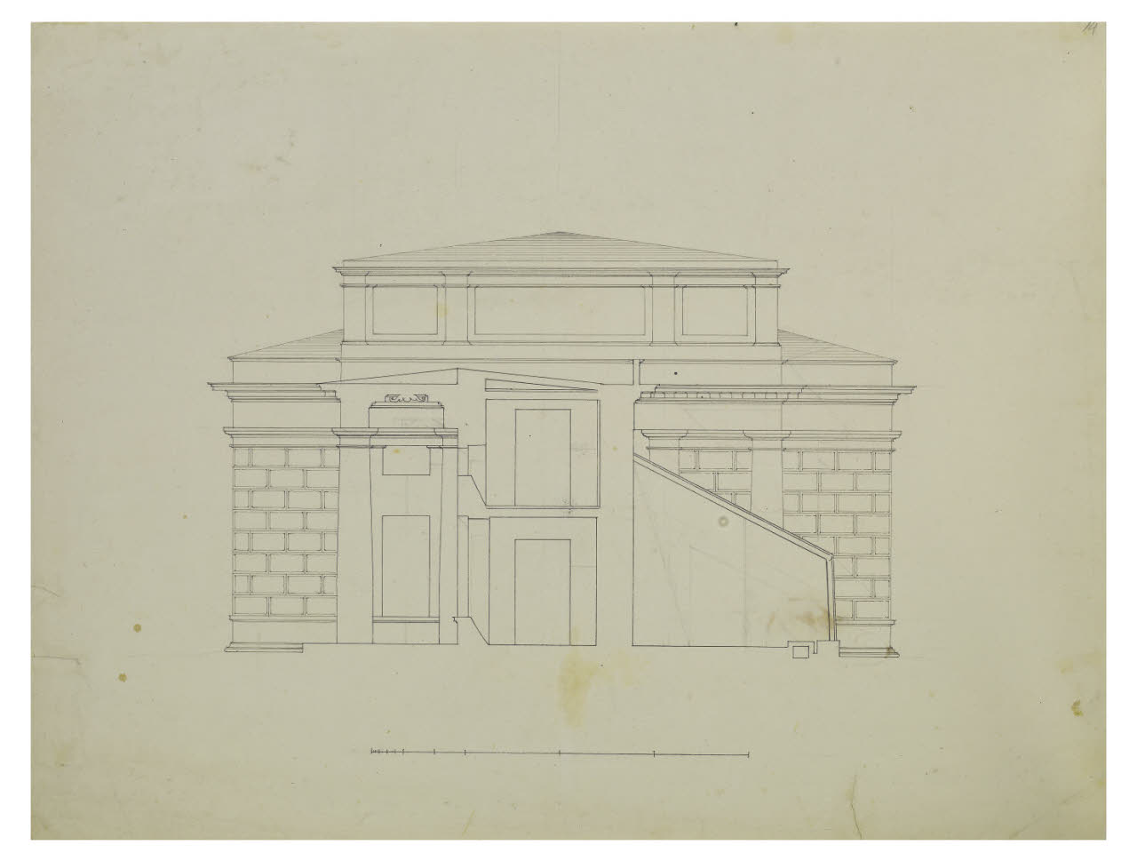 Padiglione con serra (?) Prospetto con corpo antistante sezionato, Padiglione con serra (?) Prospetto con corpo antistante sezionato (disegno) di Quarenghi, Giacomo (secc. XVIII/ XIX)
