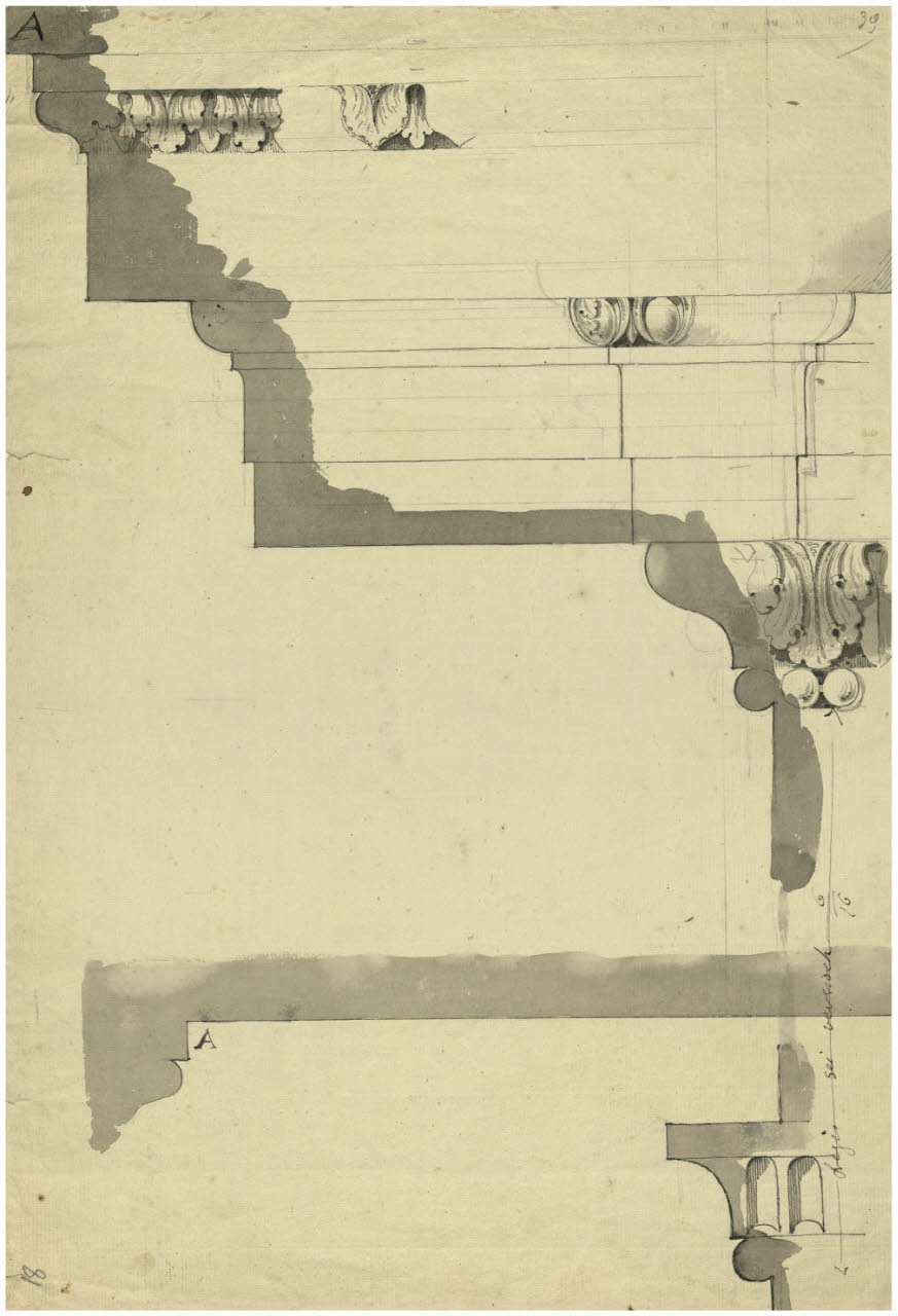 Decorazione di una trabeazione e lacunare. Sezione, Decorazione di una trabeazione e lacunare. Sezione (disegno) di Quarenghi, Giacomo (attribuito) (secc. XVIII/ XIX)