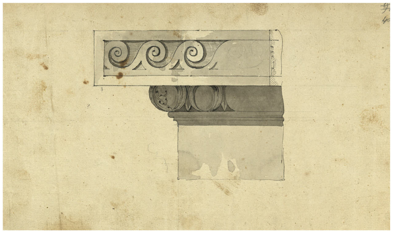Particolare decorativo di una cornice. Prospetto, sezione, Particolare decorativo di una cornice. Prospetto, sezione (disegno) di Quarenghi, Giacomo (scuola) (secc. XVIII/ XIX)