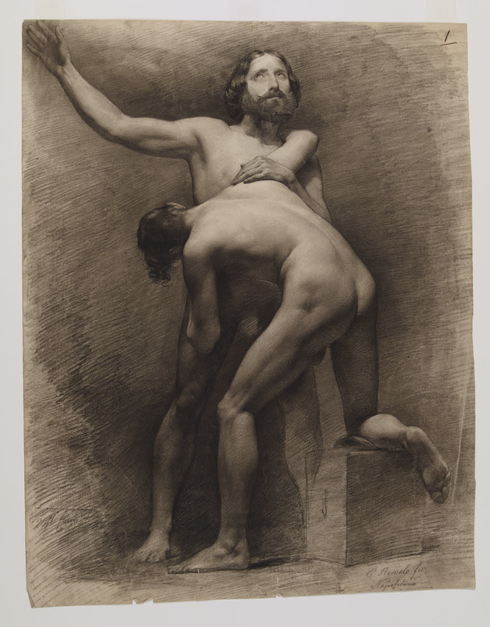 Nudo accademico, Studio di due nudi virili in gruppo (disegno) di Romolo, Enrico (sec. XIX)