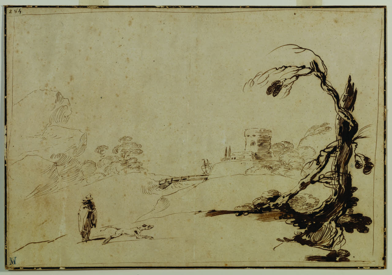 Paesaggio con figura e cane, Paesaggio con figura e cane (disegno) di Gennari, Carlo; Gennari, Carlo (sec. XVIII)