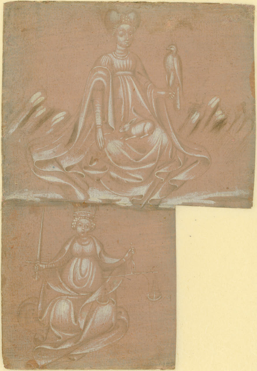 Fanciulla seduta con un falcone e una lepre (allegoria della Caccia); allegoria della Giustizia, Fanciulla seduta con un falcone e una lepre (allegoria della Caccia); allegoria della Giustizia (disegno) - Ambito lombardo (prima metà sec. XV)