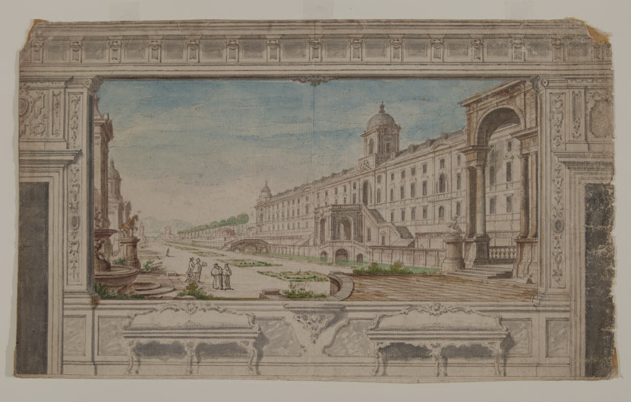 Veduta fantastica composta di elementi desunti dal Castello di Aranjuez, Veduta fantastica composta di elementi desunti dal Castello di Aranjuez (disegno) di Battaglioli, Francesco (sec. XVIII)