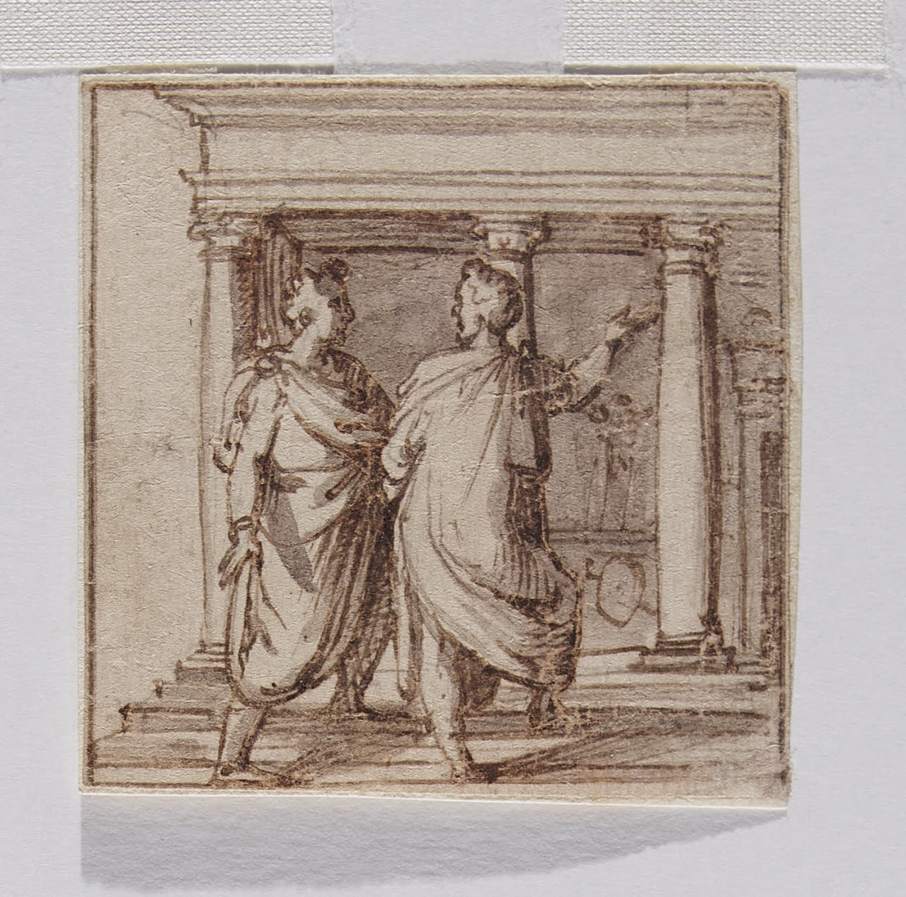 Due figure salgono i gradini di un tempio (disegno) di Raimondi, Marcantonio; Sanzio, Raffaello (copia da; copia da) (seconda metà sec. XVI)
