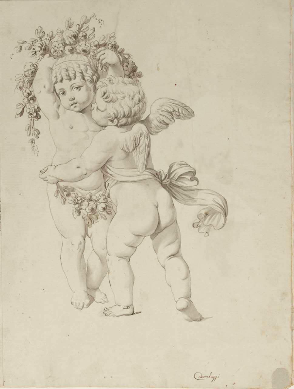 Due amorini con un festone (disegno) di Maggiolini (bottega) (secc. XVIII/ XIX)