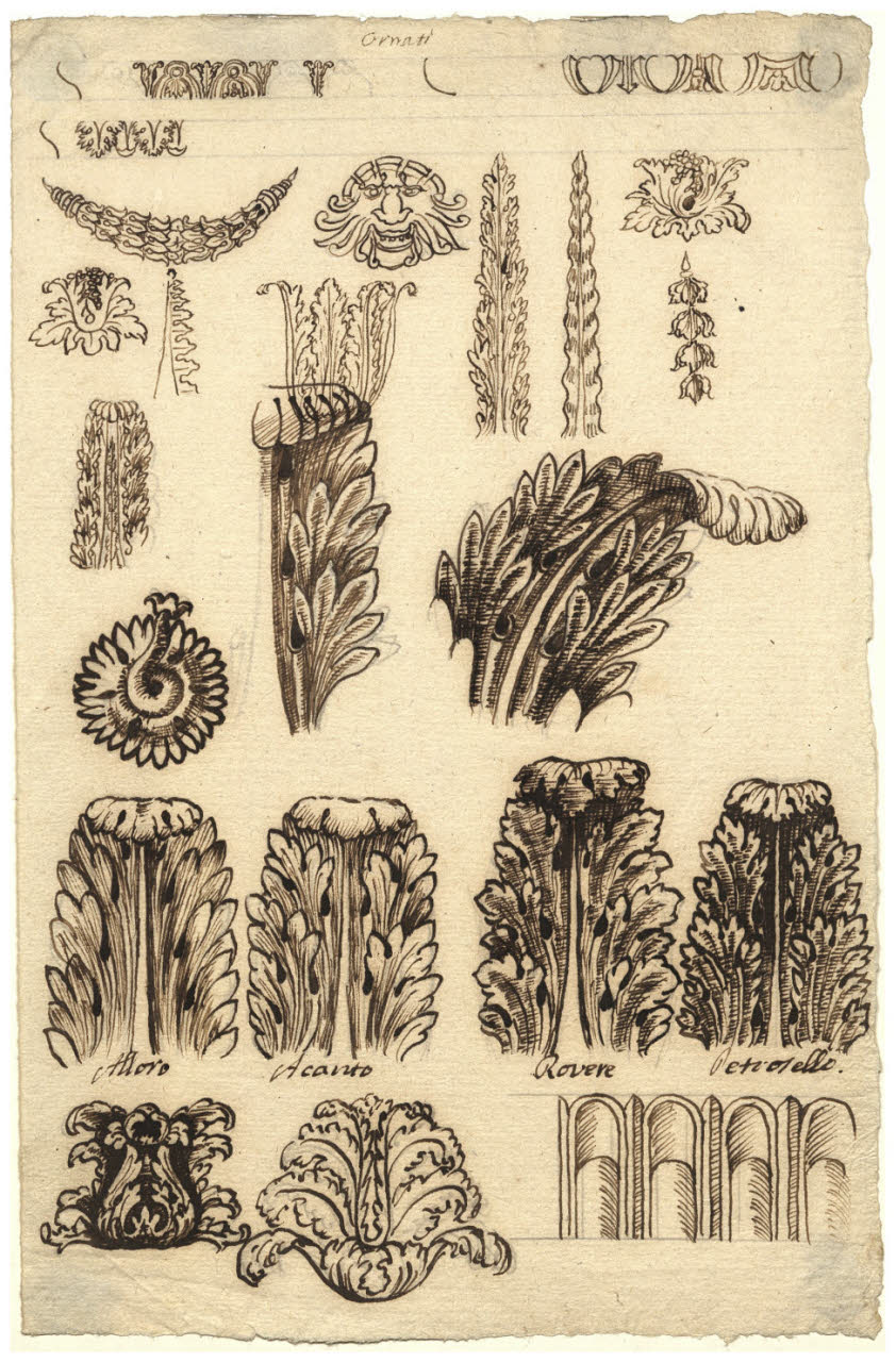 Elementi ornamentai da Vittone, Istruzioni elementari, 1760, tav. XLI e tav. XXXIV (disegno) di Maggiolini (bottega) (sec. XVIII)