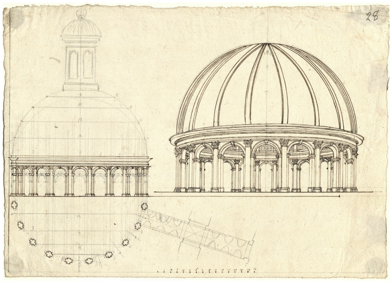 Prospetto di una cupola con lanternino su tamburo e prospettiva dell'esterno (disegno) di Coldiroli, Antonio Maria ((?)) (sec. XVIII)