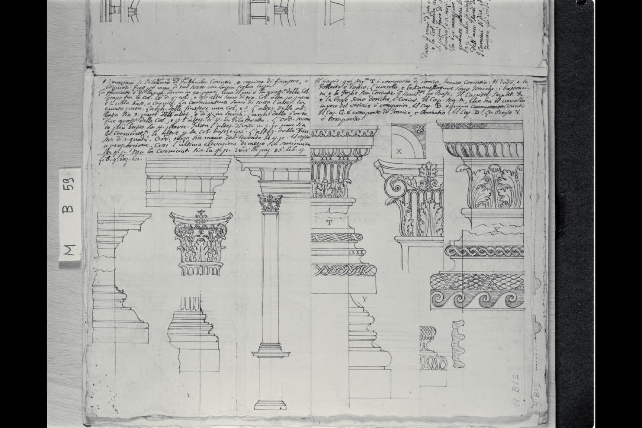 Studi di prospetti di capitelli, trabeazioni, modanature e di una colonna (disegno) di Coldiroli, Antonio Maria (seconda metà sec. XVIII)