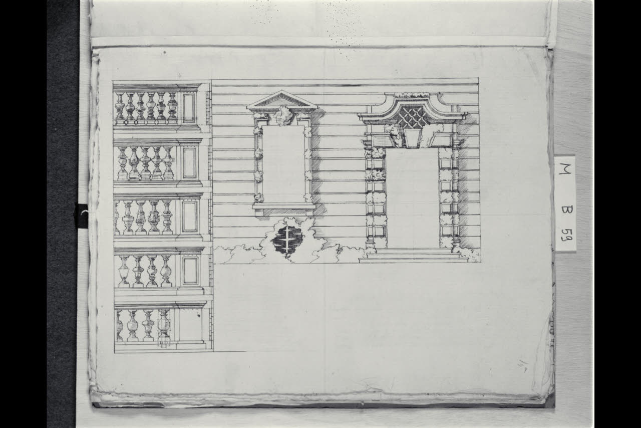 Quattro studi di parapetti, prospetto di parete esterna con finestrone e portale (disegno) di Coldiroli, Antonio Maria (seconda metà sec. XVIII)