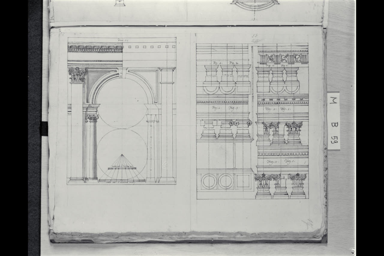 Prospetto di portale e studio dei cinque ordini architettonici con trabeazione, capitello e basamento (disegno) di Coldiroli, Antonio Maria (seconda metà sec. XVIII)