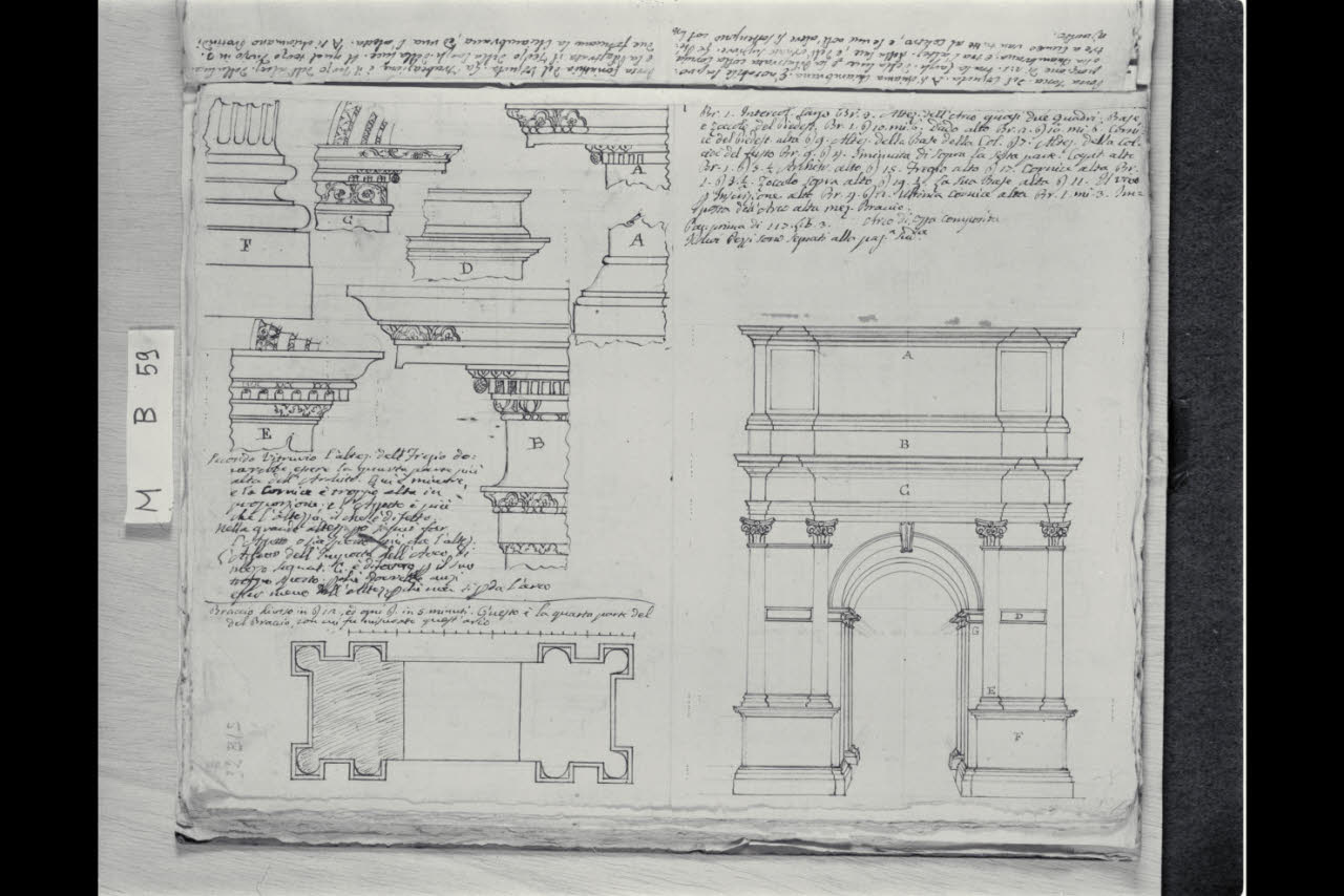 Sette studi di modanature, pianta di un transetto e prospetto di un arco trionfale (disegno) di Coldiroli, Antonio Maria (seconda metà sec. XVIII)
