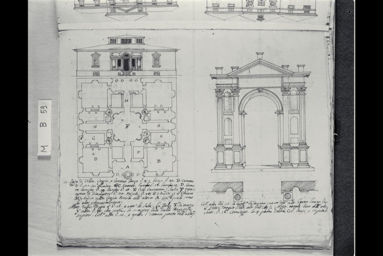 Prospetto della facciata e pianta di una villa e prospetto di una porta (disegno) di Coldiroli, Antonio Maria (seconda metà sec. XVIII)