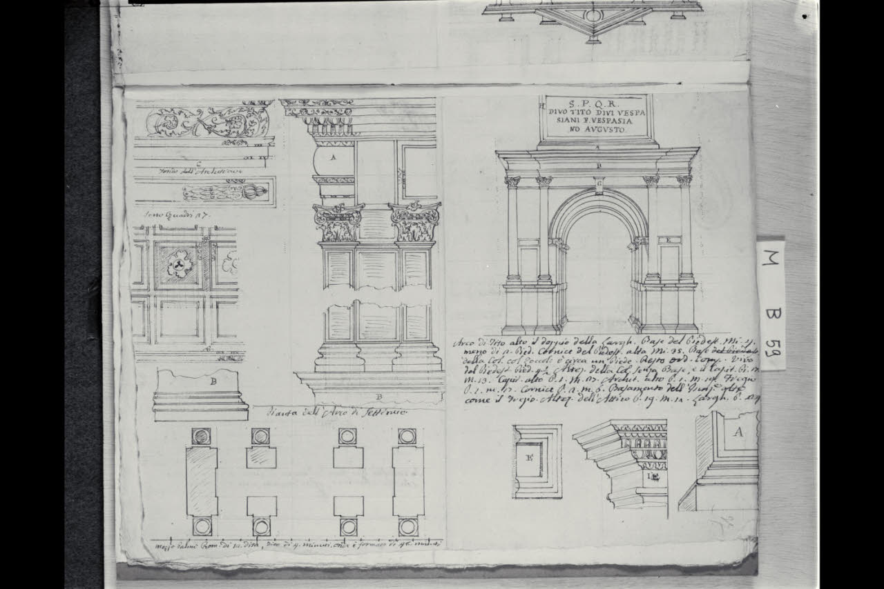 Studi di dettagli architettonici, pianta dell'arco trionfale di Settimio Severo, e prospetto di un arco trionfale (disegno) di Coldiroli, Antonio Maria (seconda metà sec. XVIII)