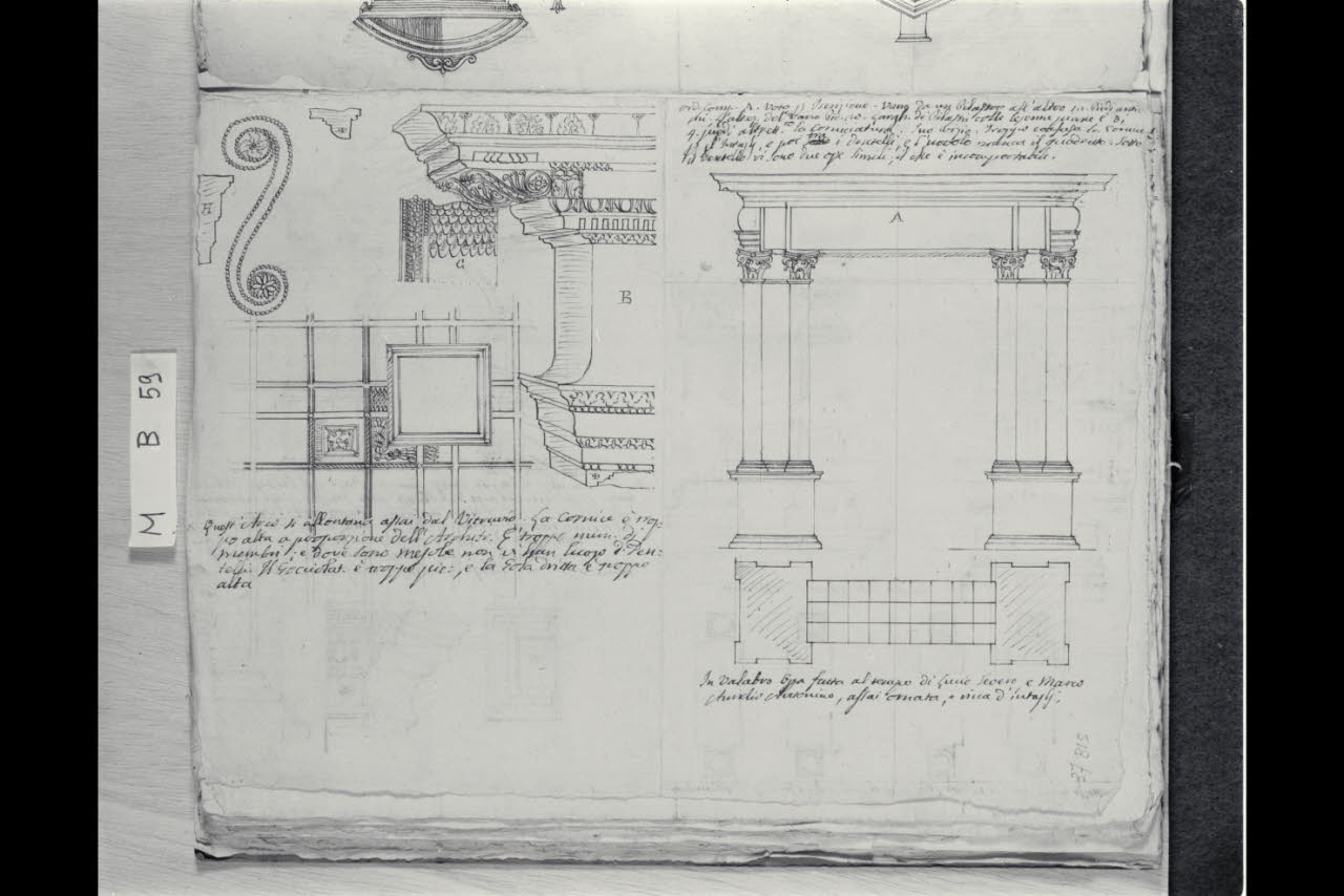 Studio dei dettagli architettonici di una porta e prospetto e pianta di una porta (disegno) di Coldiroli, Antonio Maria (seconda metà sec. XVIII)