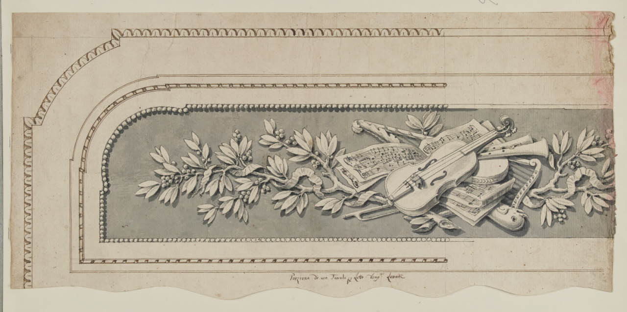 Composizione con strumenti musicali e rami di lauro. Allegoria delle Belle Arti (disegno) di Levati, Giuseppe (secc. XVIII/ XIX)