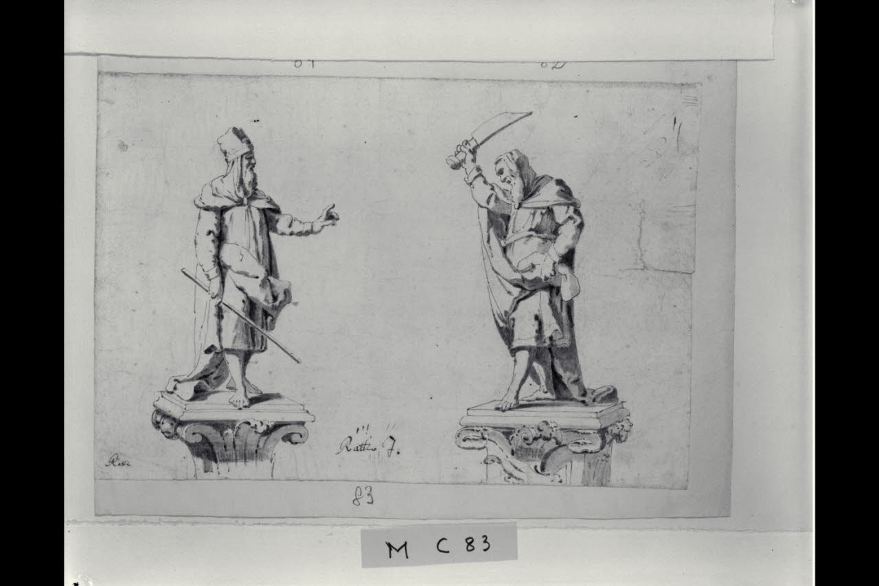 Due statue su capitelli (disegno) di Maggiolini (bottega) (sec. XVIII)