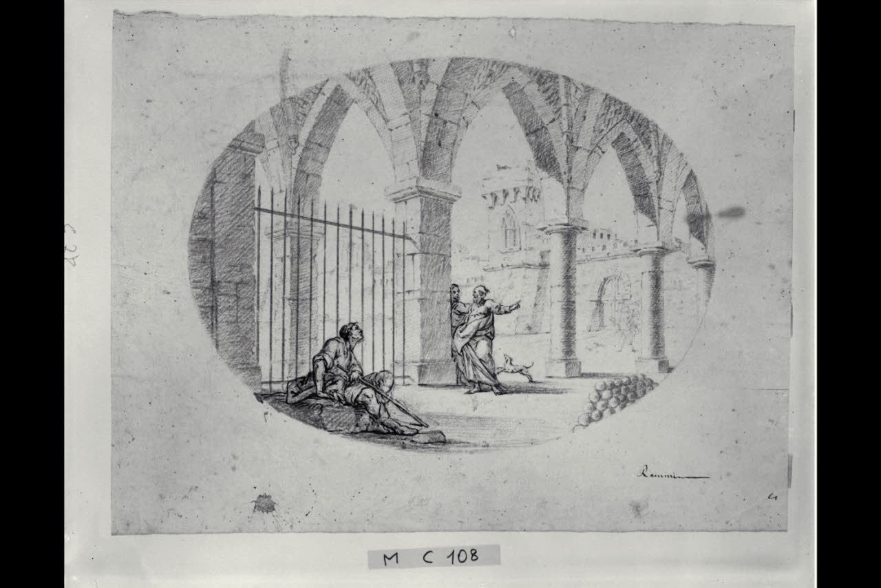 Portico con figurette e castello sullo fondo (disegno) di Rainini (secc. XVIII/ XIX)