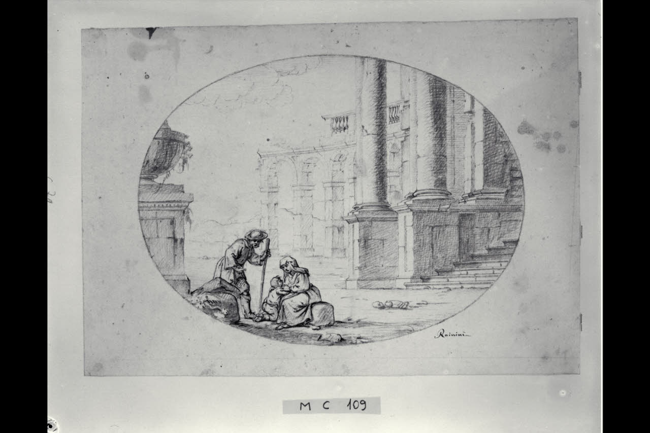 Particolare di un palazzo e piazza con figurette (disegno) di Rainini (secc. XVIII/ XIX)