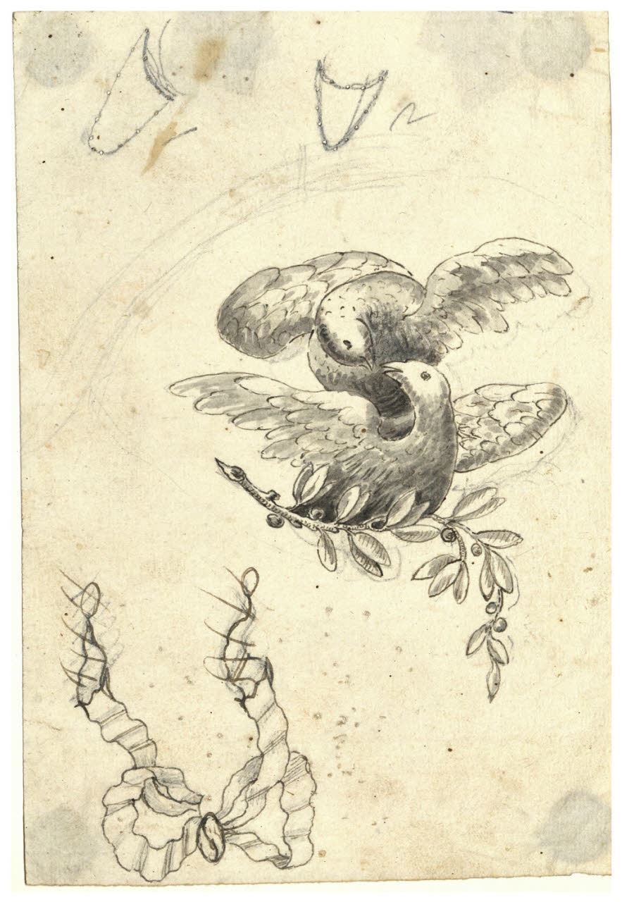 Due colombe, fiocco (disegno) di Maggiolini (bottega) (secc. XVIII/ XIX)