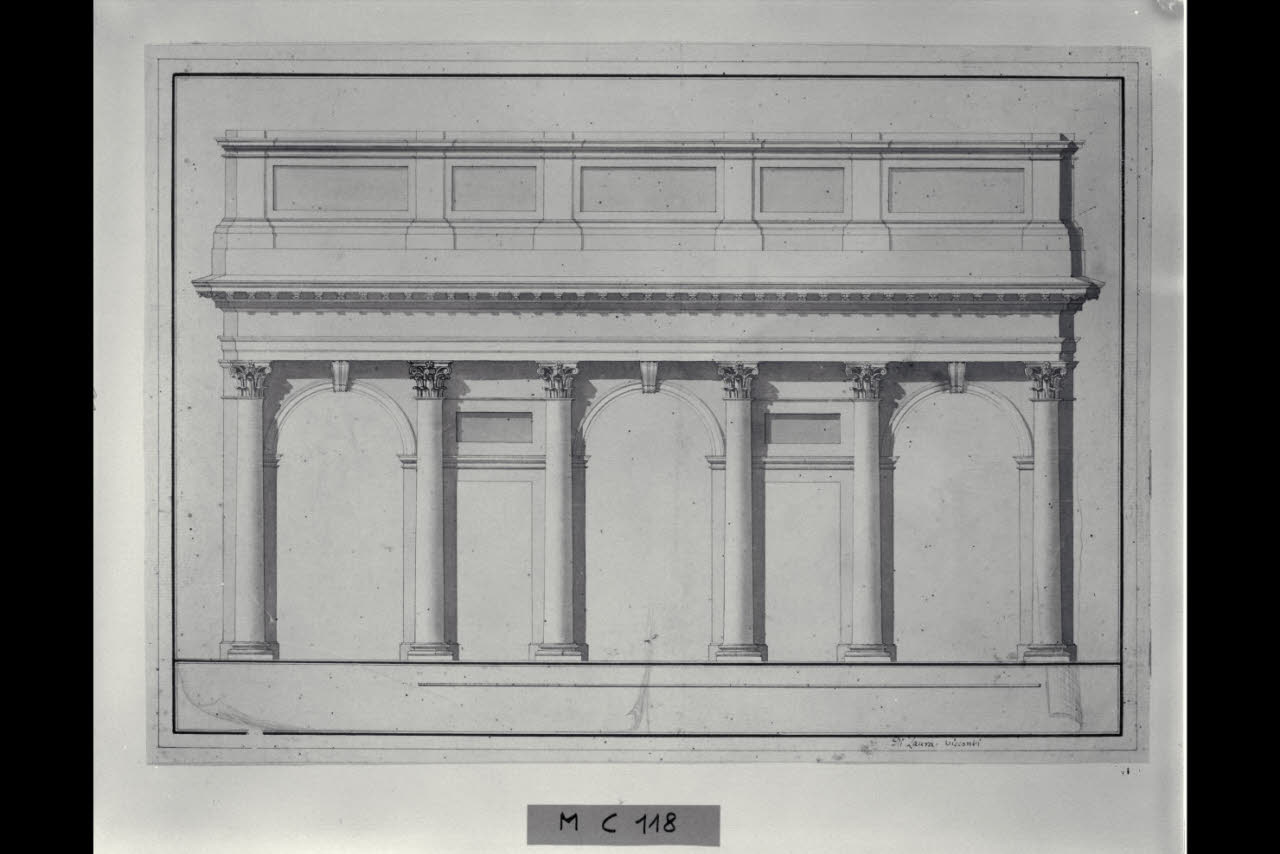Prospetto a tre fornici con attico su un foglio a trompe-l'oeil (disegno) di Maggiolini (bottega) (secc. XVIII/ XIX)