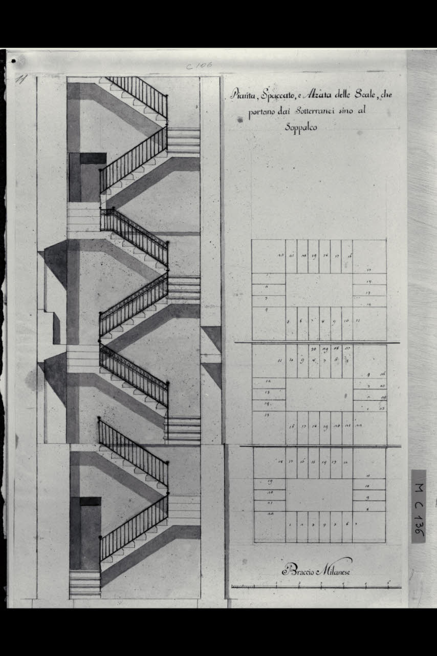 Pianta e sezione delle scale di casa Maggiolini a Parabiago (disegno) di Maggiolini (bottega) (secc. XVIII/ XIX)