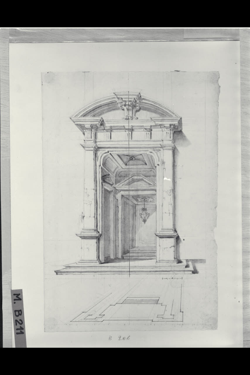 Pianta e alzato prospettico di un portale e dell'andito interno (disegno) di Maggiolini (bottega) (secc. XVIII/ XIX)