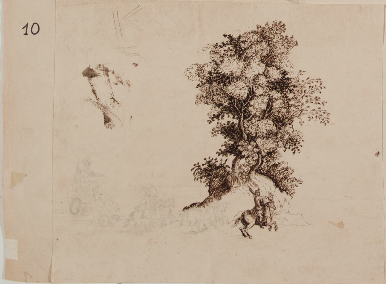 Paesaggio con cavaliere (disegno) - Ambito italiano (sec. XIX)