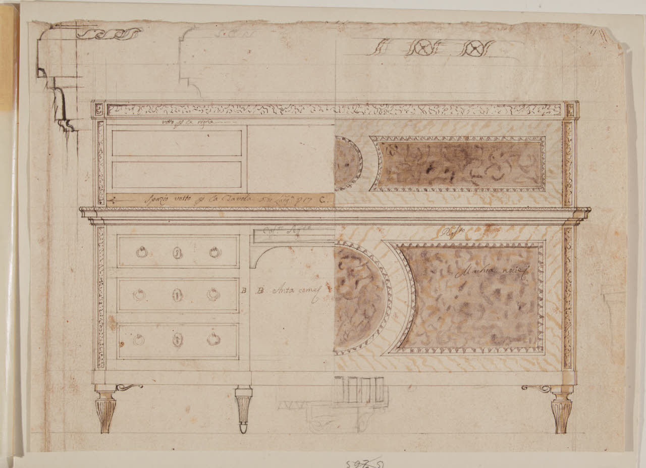 Scrivania con alzata (fronte) (disegno) di Maggiolini (bottega) (secc. XVIII/ XIX)