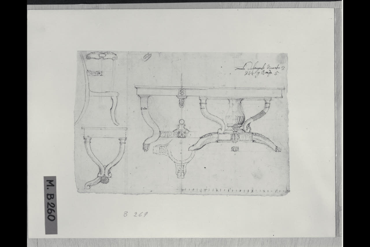 Idea per un tavolo rotondo, uno rettangolare, un terzo tavolo e una sedia (disegno) di Maggiolini (bottega) (secc. XVIII/ XIX)
