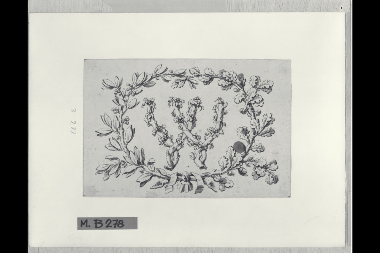 Lettera W formata da rami di vite e incorniciata da una corona di foglie di alloro e di quercia legate da un nastro (disegno) di Maggiolini (bottega) (secc. XVIII/ XIX)