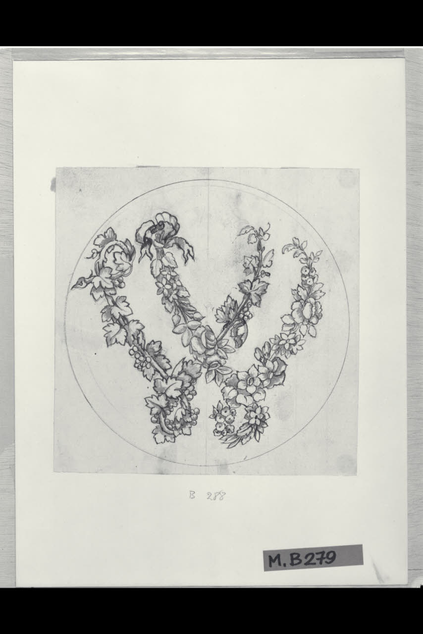 Lettera W formata da un ramo di vite e da fiori (disegno) di Maggiolini (bottega) (secc. XVIII/ XIX)