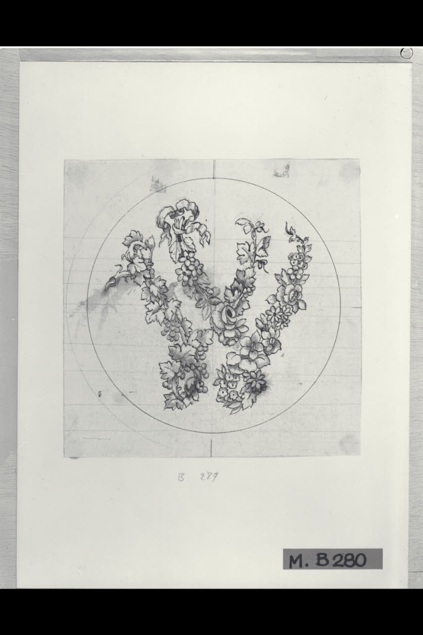 Lettera W formata da un ramo di vite e da fiori (disegno) di Maggiolini (bottega) (secc. XVIII/ XIX)