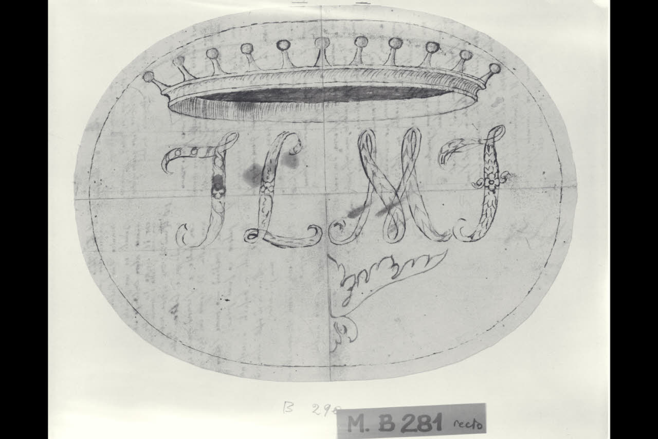 Monogramma TLMF sormontato da una corona nobiliare in un ovale (disegno) di Maggiolini (bottega) (secc. XVIII/ XIX)