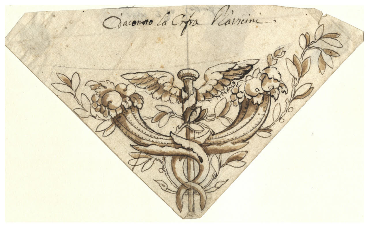 Caduceo e cornucopie in una riserva angolare (disegno) di Maggiolini (bottega) (secc. XVIII/ XIX)