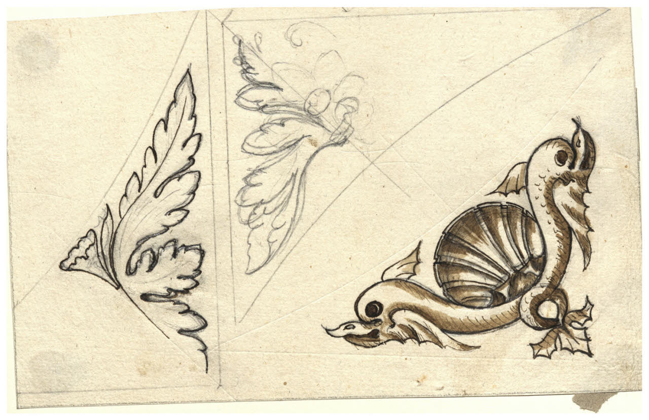 Tre motivi con foglie e delfini (disegno) di Maggiolini (bottega) (secc. XVIII/ XIX)