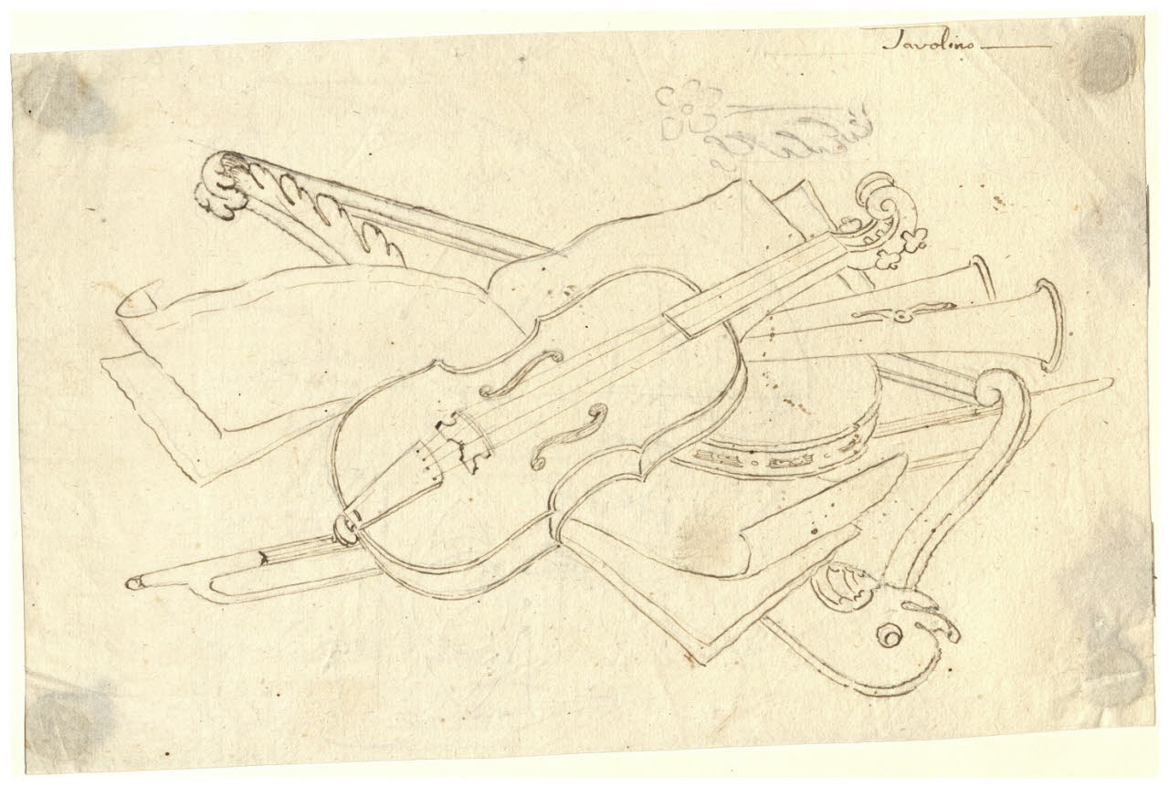 Strumenti musicali e spartito (disegno) di Maggiolini (bottega) (secc. XVIII/ XIX)